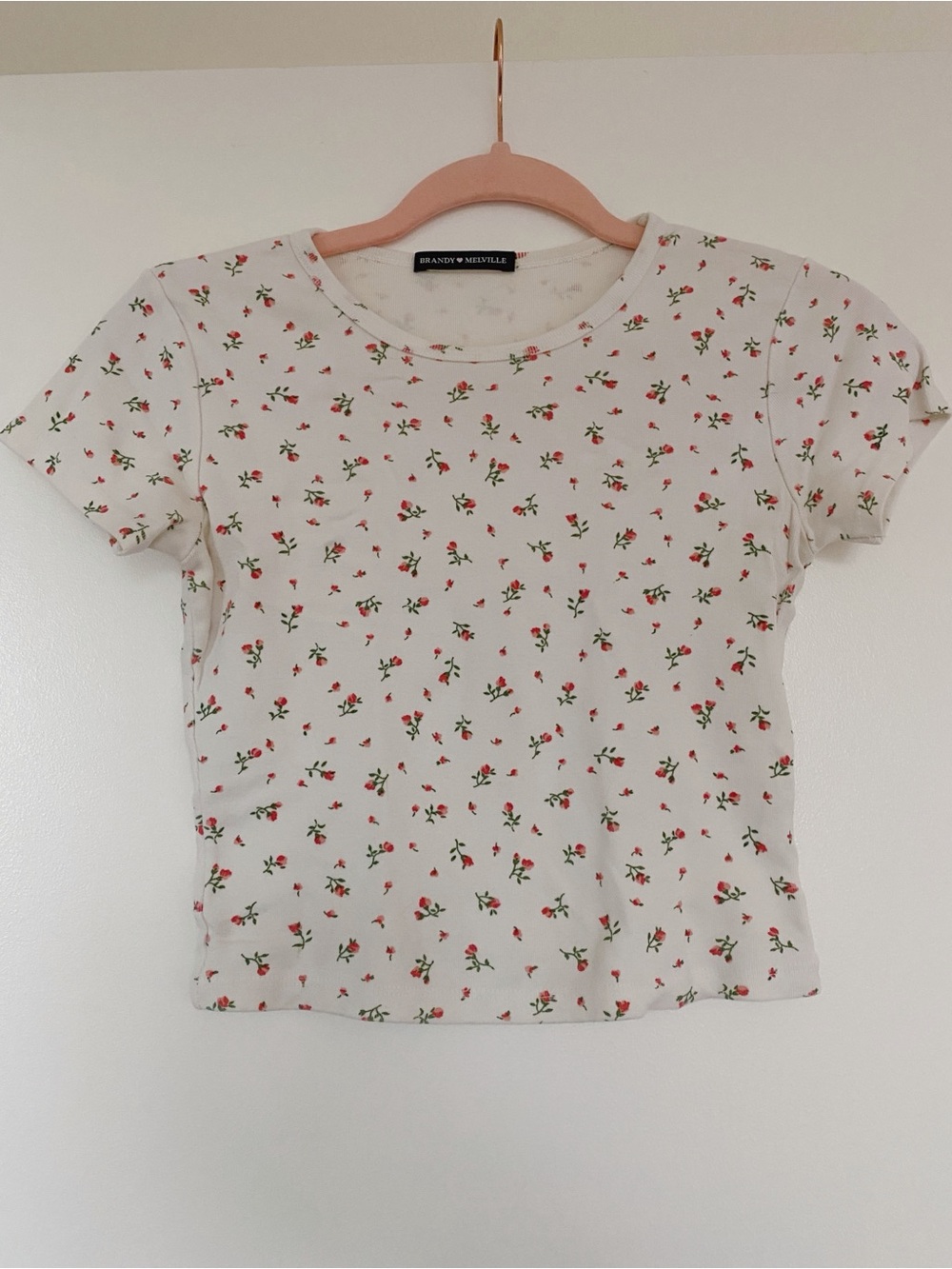 Brandy Melville White Tee with Red Rose Floral Print